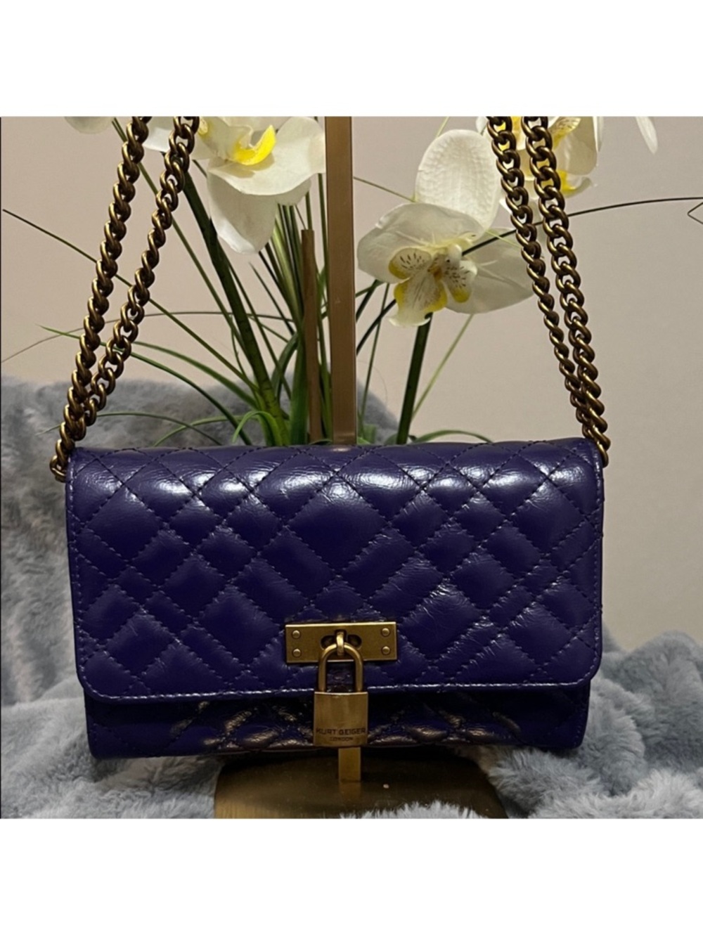 Kurt Geiger Quilted Purple Leather Shoulder Bag with Gold Chain EUC